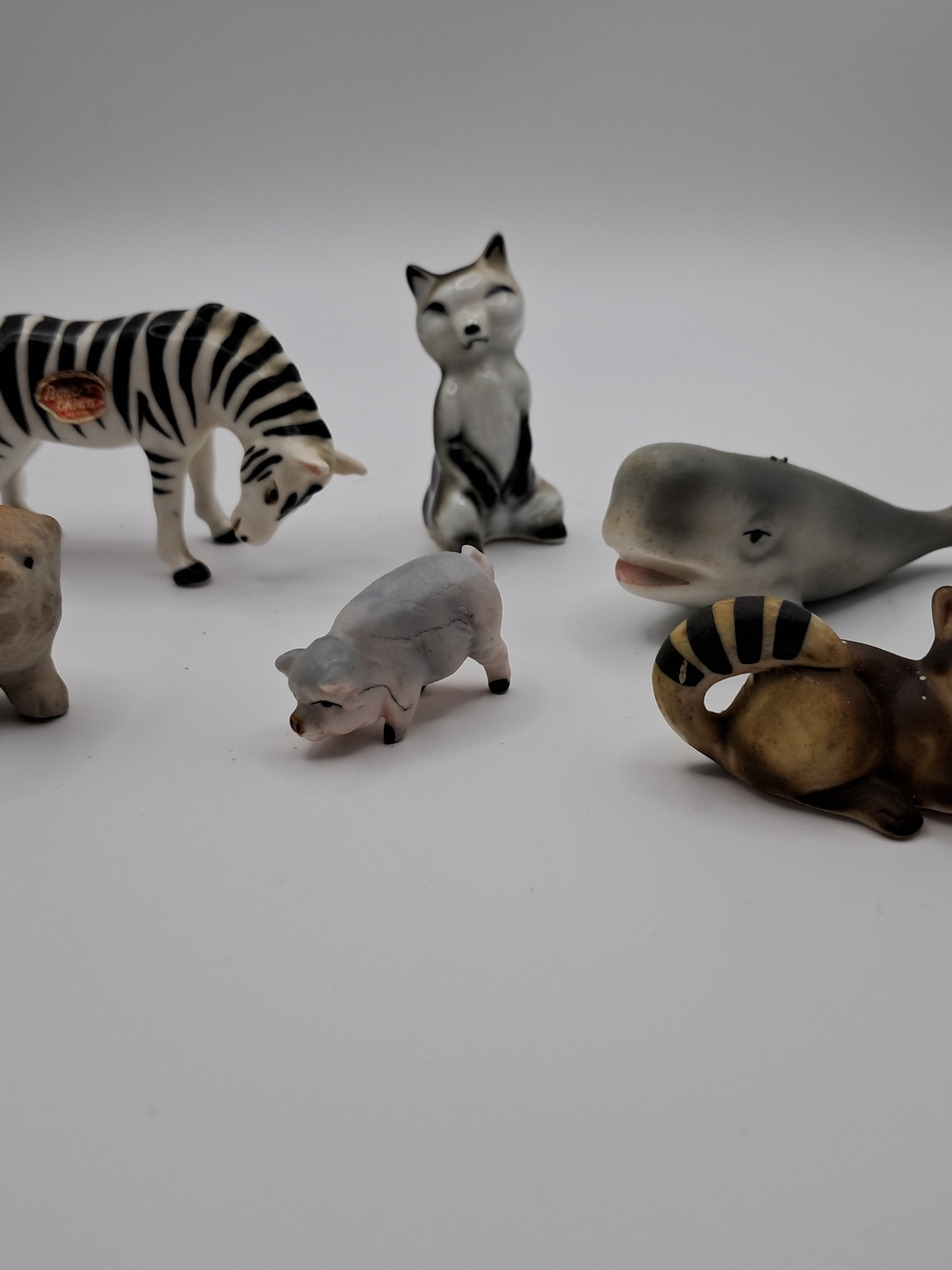 Lot of 6 Vintage Bone China Miniature Animals Zebra Whale Raccoon Fox Japan